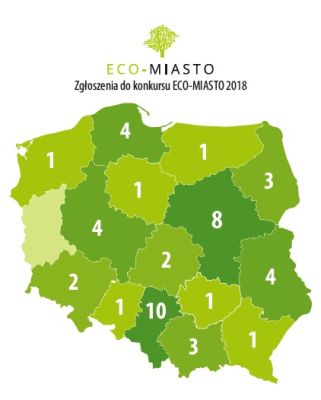 Mapka liczba zgłoszeń do konkursu ECO MIASTO 2018 z poszczególnych województw